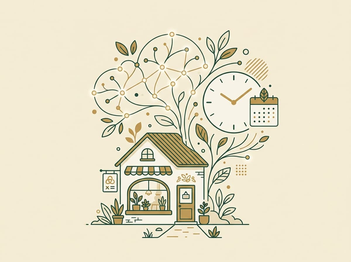 Illustrationsbild som visar ett lokalt företag integrerat med AI-processer, kalender och klocka